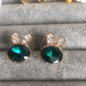 Gold Bunny Earrings with Green Rhinestones